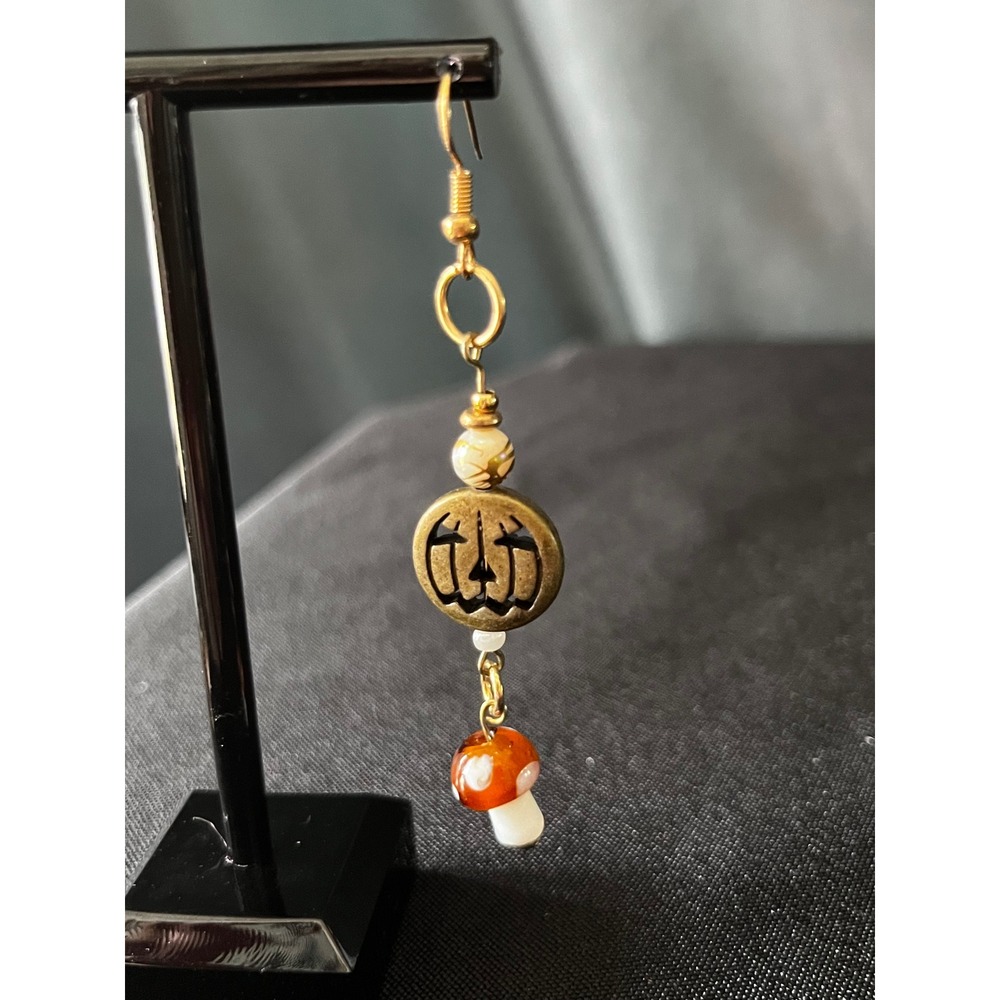 Halloween Pumpkin Mushroom Earrings Gold Dangle Drop Women's Jewelry - Picture 2 of 4